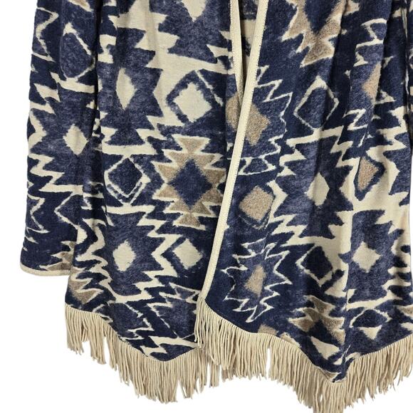 Lucky Brand Sweater Womens Small Navy Aztec Open Fringe Cardigan Boho Cozy Soft - Picture 4 of 11